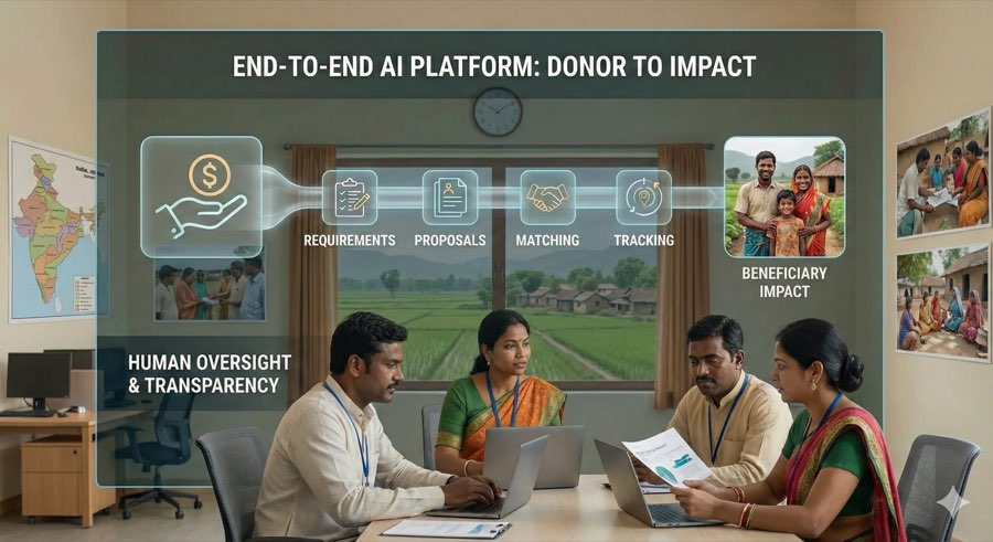 Two NGO staff members review a tablet in front of a screen showing a donor-to-impact platform.