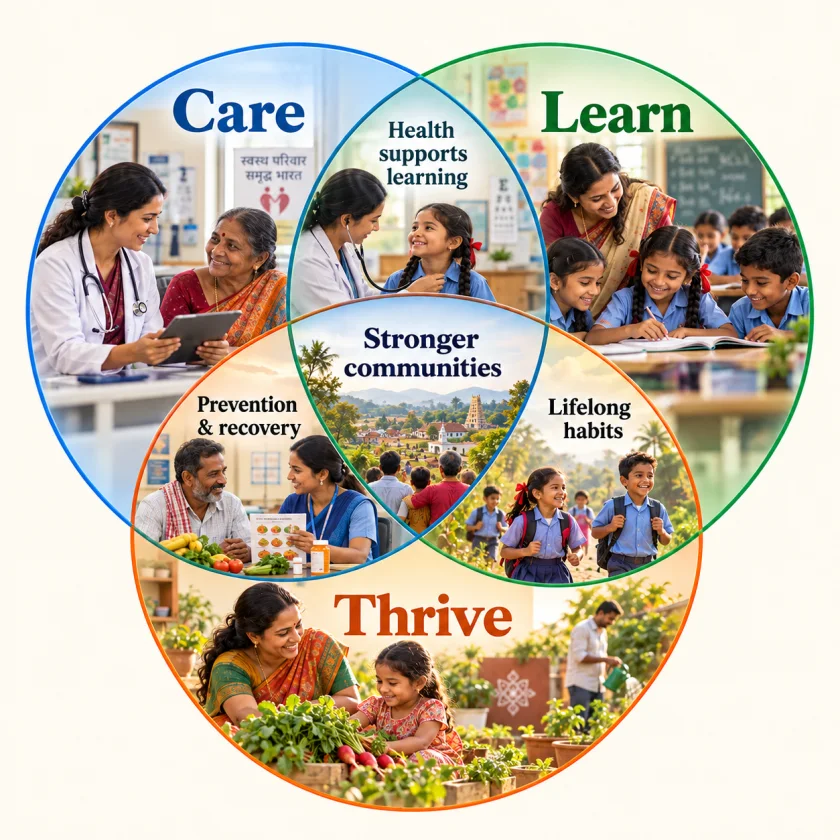 Care, Learn and Thrive as three overlapping circles of photographs: a doctor with a patient for Care, a teacher with schoolchildren for Learn, and a mother and daughter tending vegetables for Thrive. The overlaps read: health supports learning, prevention and recovery, lifelong habits, and stronger communities at the centre.