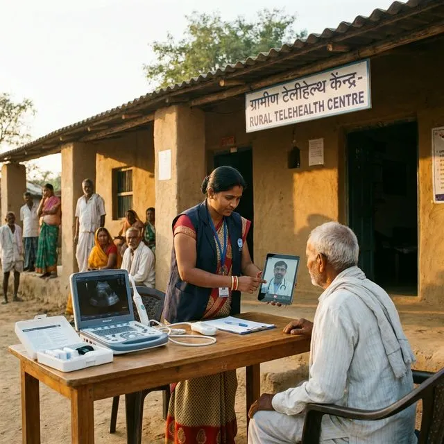 A health worker uses a tablet with an elderly man at a table outside a rural telehealth centre.