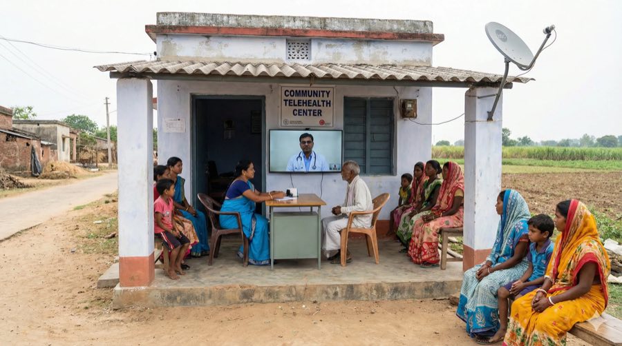 Families waiting outside a small community telehealth centre in a village, while a patient speaks to a doctor on screen.