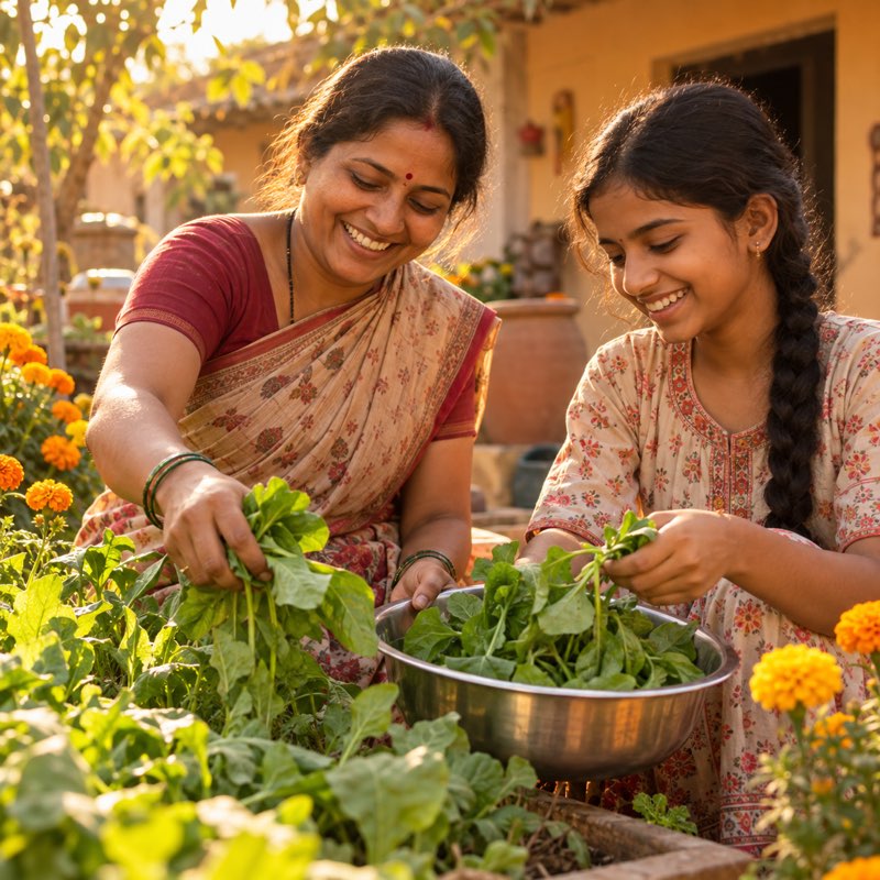 A mother and her teenage daughter picking fresh greens from their home garden.